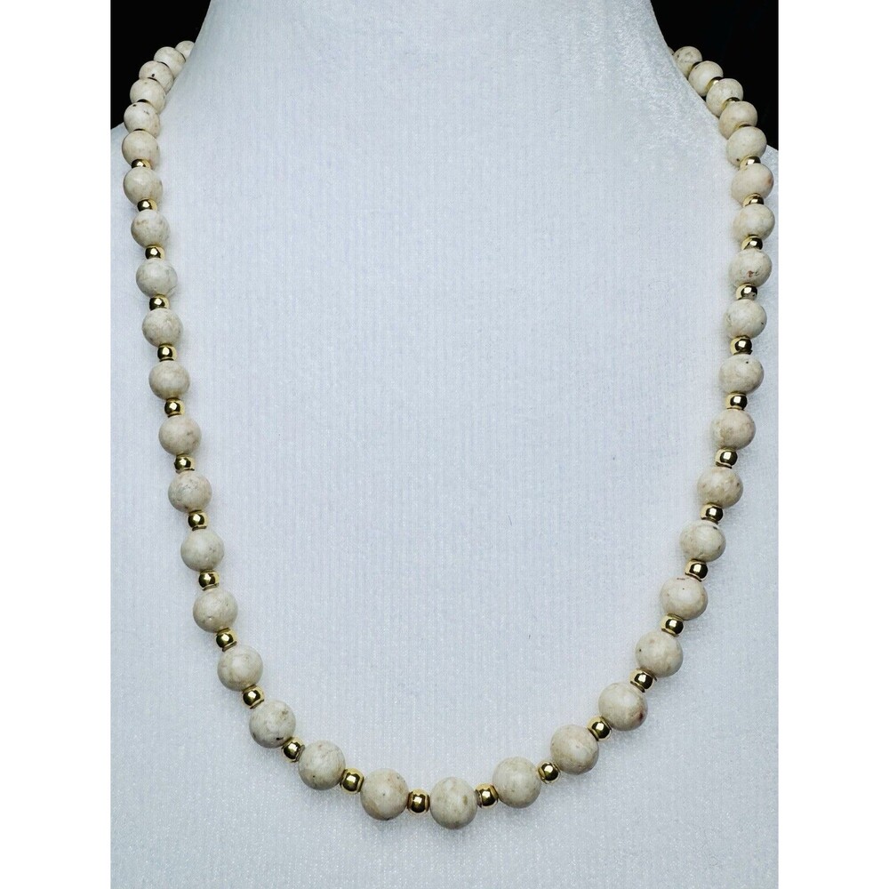Vintage Natural Stone Bead Necklace Marble Dolomite Gold Tone Spacers 24”